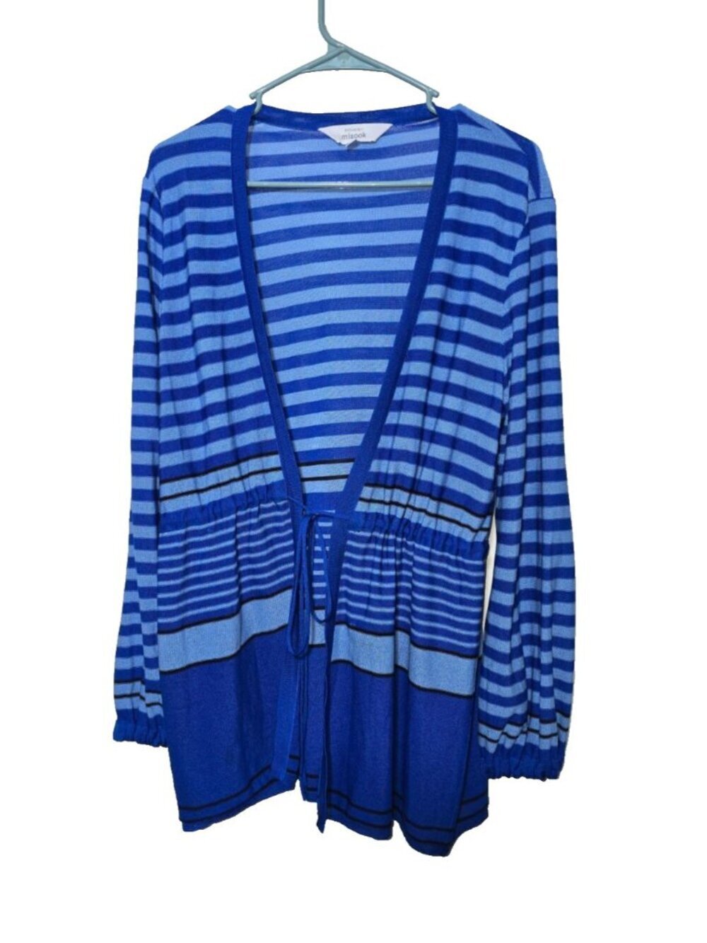 Exclusively Misook Womens Cardigan Sz M Blue Stripe Tie Waist Casual Long Sleeve